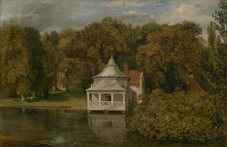 Weißer Gartenpavillon am Teichufer, umgeben von dichten, hohen Parkbäumen – John Constable Alresford Hall Kunstkopie
