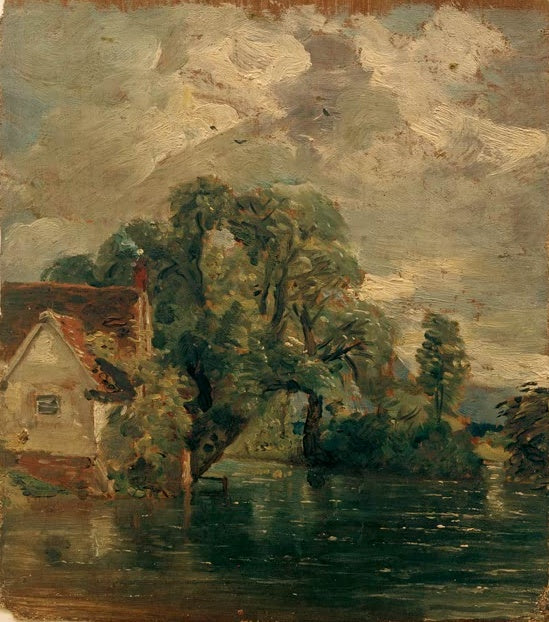 John Constable Willy Lotts Haus bei der Mühle von Flatford Kunstkopie, Cottage am Flussufer unter knorrigem Baum