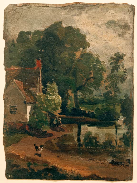 Haus mit rotem Dach hinter Bäumen, davor ein Weg – John Constable Willy Lotts Haus bei der Mühle von Flatford Kunstkopie