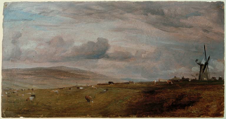 John Constable Windmühle bei Brighton Kunstkopie, weite Schafweide mit Windmühle unter hohem Wolkenhimmel