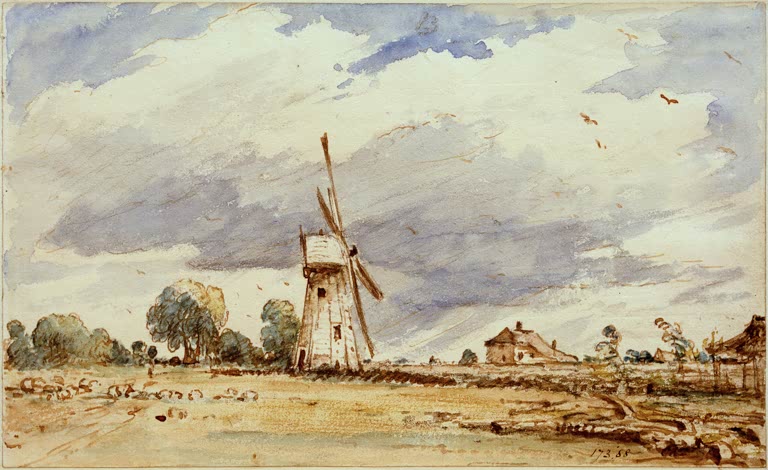 John Constable Windmühle und Schafsherde Kunstkopie, weiße Mühle auf einer Weide unter aufgewühltem Wolkenhimmel