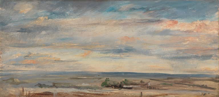 John Constable Wolkenstudie am frühen Morgen Kunstkopie, rosafarbene Wolkenbänder über weiter Ebene bei Hampstead