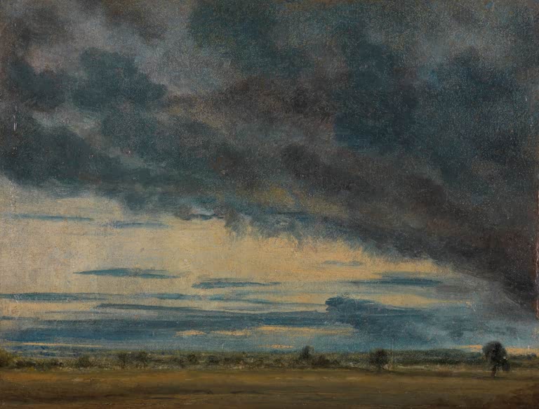 John Constable Wolkenstudie Kunstkopie, dunkle Sturmwolken mit goldenem Abendlicht über flachem Land
