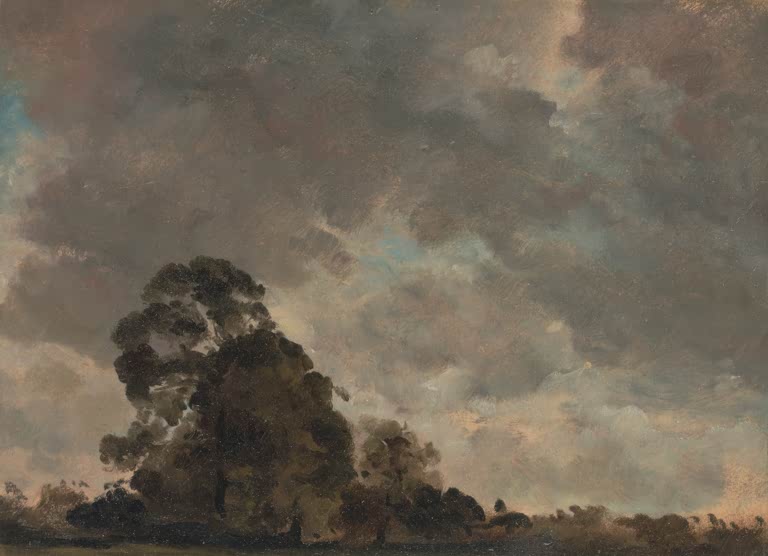 Dunkle Gewitterwolken über einer Baumgruppe am Horizont – John Constable Wolkenstudie Kunstkopie