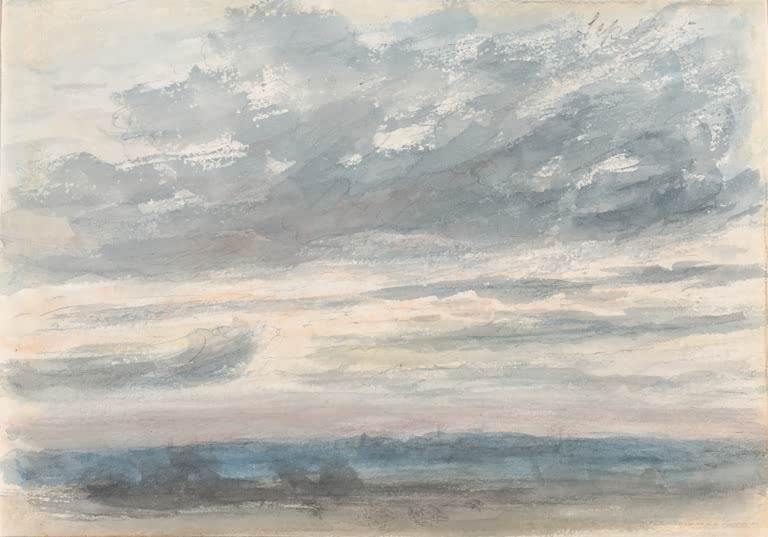 Aquarellierter Wolkenhimmel in Blau und Rosa über ferner Küstenlinie – John Constable Wolkenstudie Kunstkopie