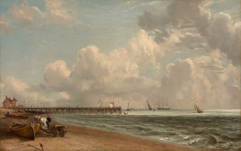 Landungssteg am Sandstrand mit Booten und Segelschiffen unter Wolken – John Constable Yarmouth Wharf Kunstkopie
