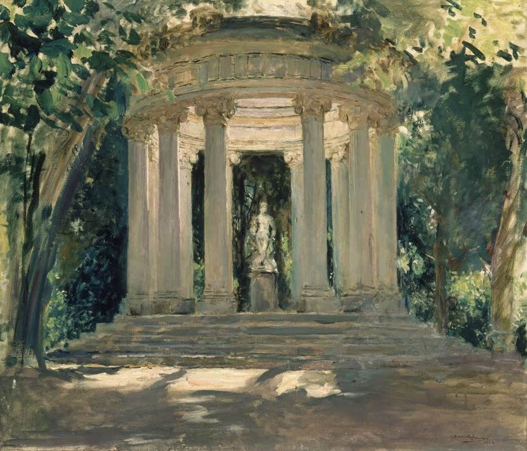 José Moreno Carbonero Die Villa Adriana in Tivoli Kunstkopie, Rundtempel mit Statue zwischen Bäumen im Sonnenlicht