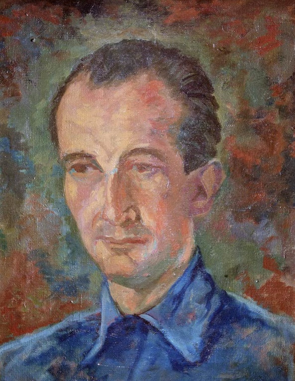 José Moreno Villa Bildnis Francisco Giner de los Ríos Kunstkopie, Porträt eines Mannes im blauen Hemd vor buntem Grund