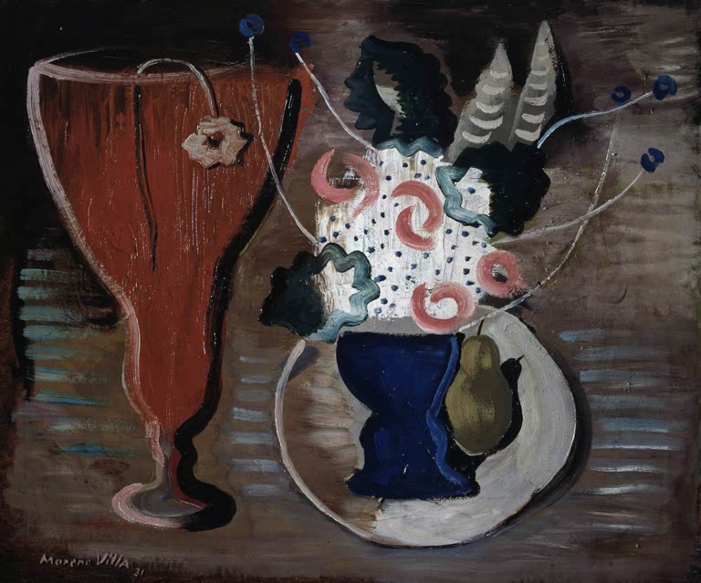 Stillleben mit Blumen, Birne und rotem Kelch in erdigen Farben – Jose Moreno Villa Blumenvasе und Kelch Kunstkopie
