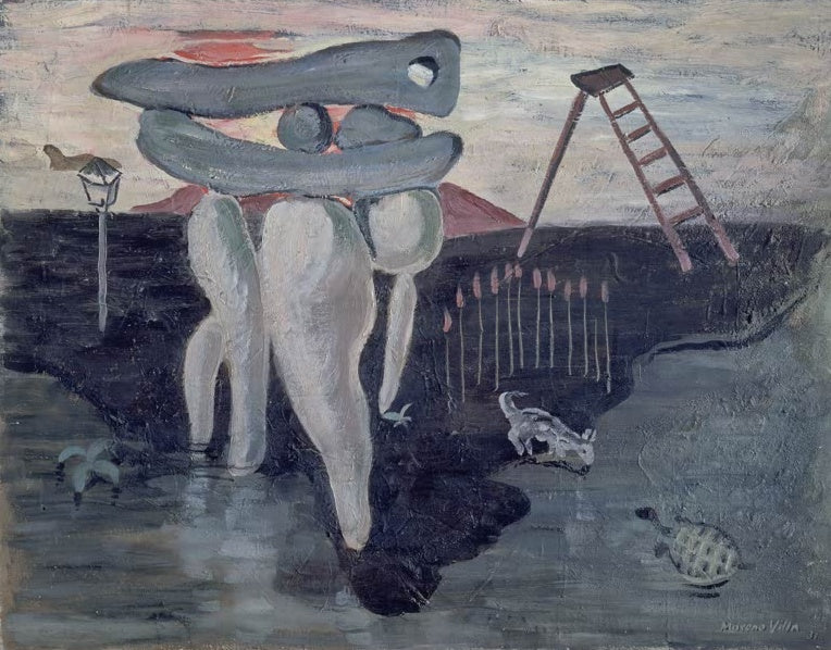 José Moreno Villa Dalinische Vision Kunstkopie, surreale Landschaft mit bleichen Figuren, Leiter, Laterne und Schildkröte
