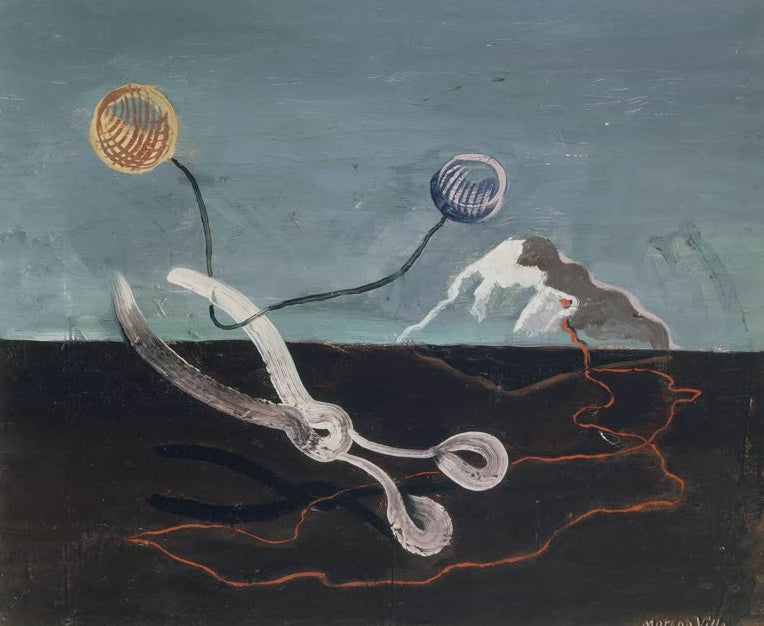 José Moreno Villa Die Schere Kunstkopie, weiße Schere auf dunkler Fläche unter grauem Himmel mit zwei Kugeln