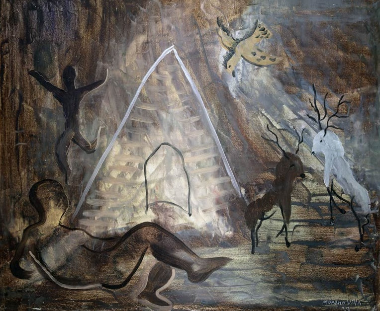 José Moreno Villa Figuren und Hirsche Kunstkopie, Pyramide im Lichtkegel mit Hirschen, Vogel und liegender Gestalt
