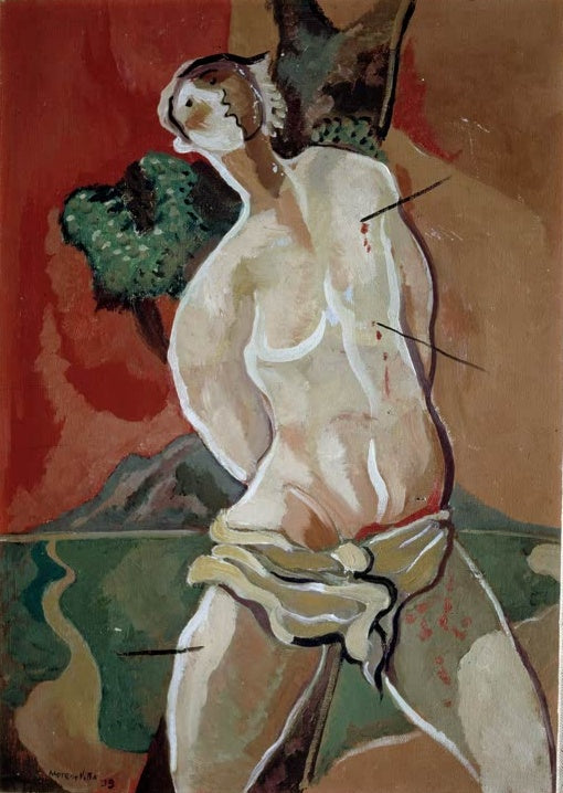 José Moreno Villa Heiliger Sebastian Kunstkopie, an einen Baum gebundener Märtyrer vor rotem Hintergrund und Landschaft