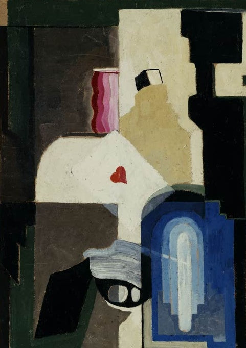 José Moreno Villa Herz-Ass Kunstkopie, kubistisches Stillleben mit Spielkarte, rosa Glas und blauer Form