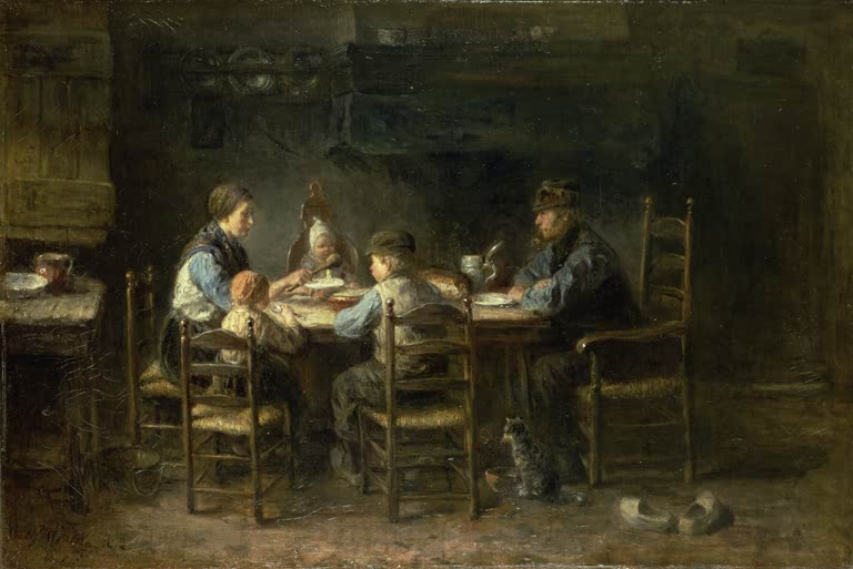Bauernfamilie beim Essen am Tisch in dunkler Stube mit Katze – Jozef Israels Bauernfamilie am Tisch Kunstkopie