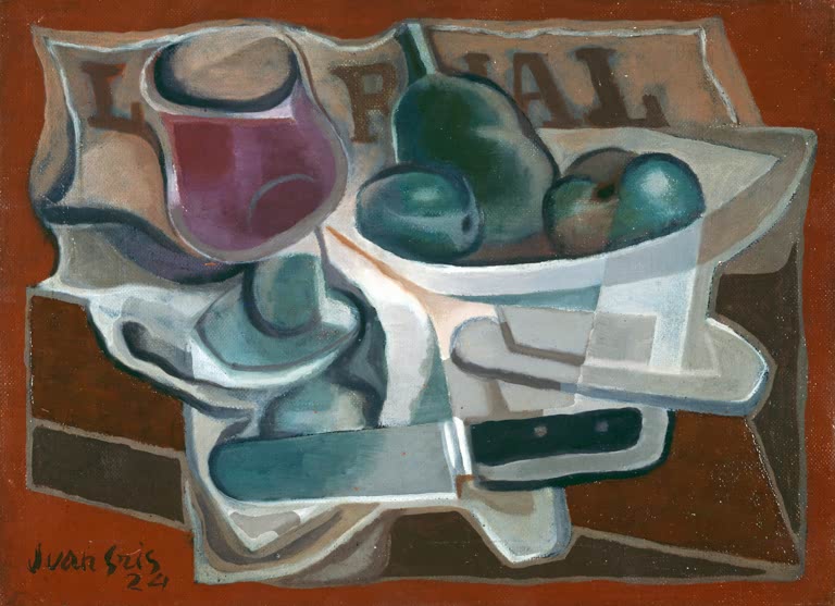 Obstschale mit Birnen, Weinglas und Messer auf Zeitung vor rotbraunem Grund – Juan Gris Compotier et verre Kunstkopie