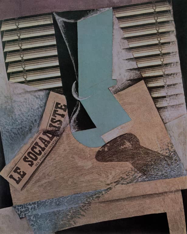 Jalousie, Zeitung Le Socialiste und türkisfarbenes Glas auf Holztisch, kubistisch – Juan Gris Die Jalousie Kunstkopie