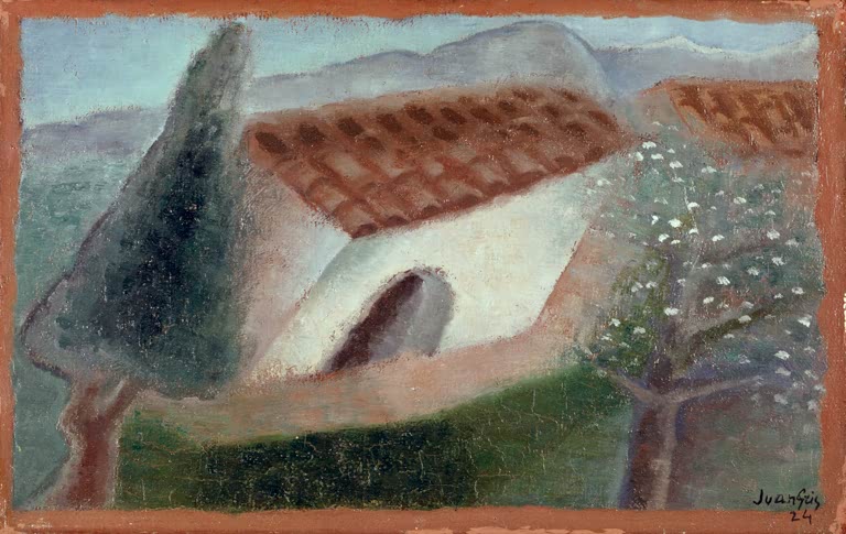 Südliche Landschaft mit rotem Ziegeldach, blühendem Baum und Hügeln im Hintergrund – Juan Gris Paysage du Midi Kunstkopie