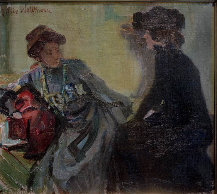 Julie Wolfthorn Besuch (Li und Finck) Kunstkopie, zwei Frauen im Gespräch, links mit Hut in Blau, rechts in schwarzem Mantel