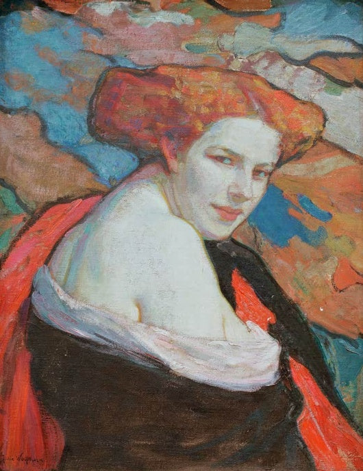 Julie Wolfthorn Frauenporträt Kunstkopie, rothaarige junge Frau mit Blick über die Schulter vor farbigem Muster
