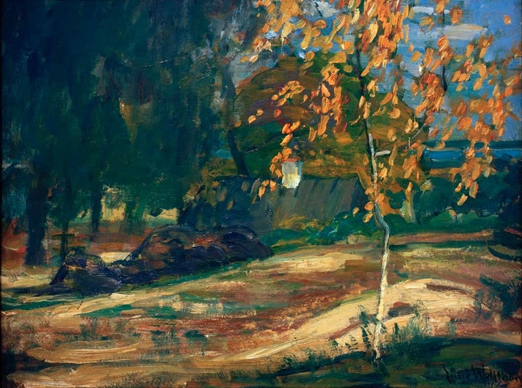 Julie Wolfthorn Im Ferch Kunstkopie, Birke mit orangefarbenem Herbstlaub vor einem Haus zwischen dunklen Bäumen