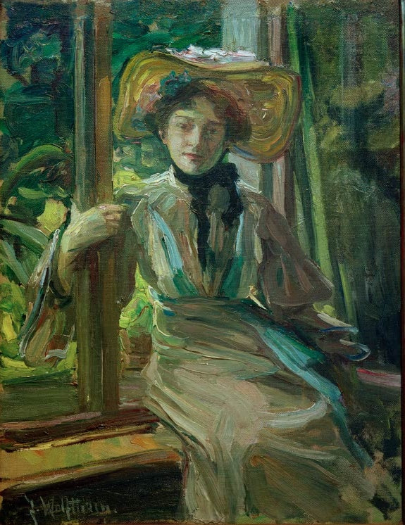 Julie Wolfthorn Mädchen mit Hut vor offenem Fenster Kunstkopie, junge Frau mit Strohhut vor grünem Garten