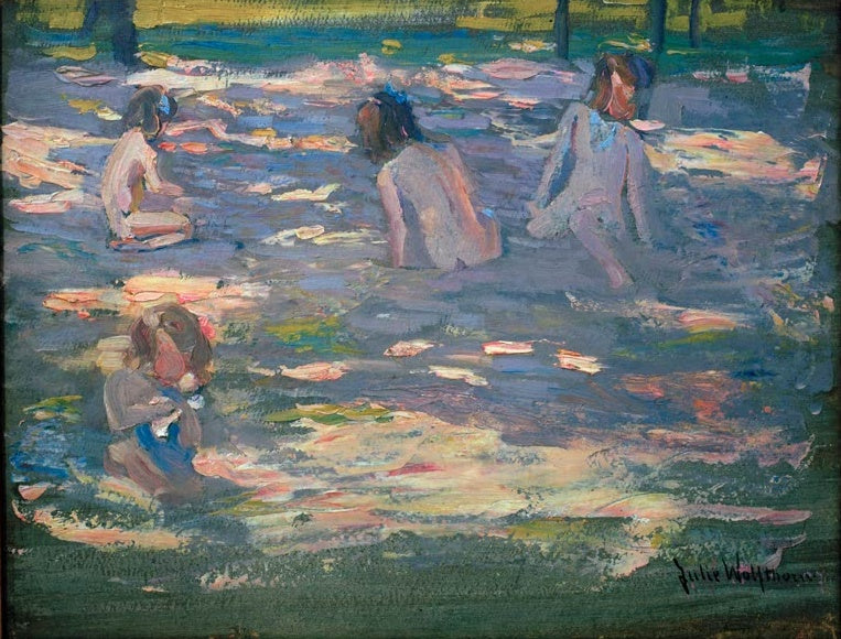 Julie Wolfthorn Vier Mädchen auf Waldboden Kunstkopie, vier Mädchen im Sonnenfleckenlicht auf einer Waldlichtung