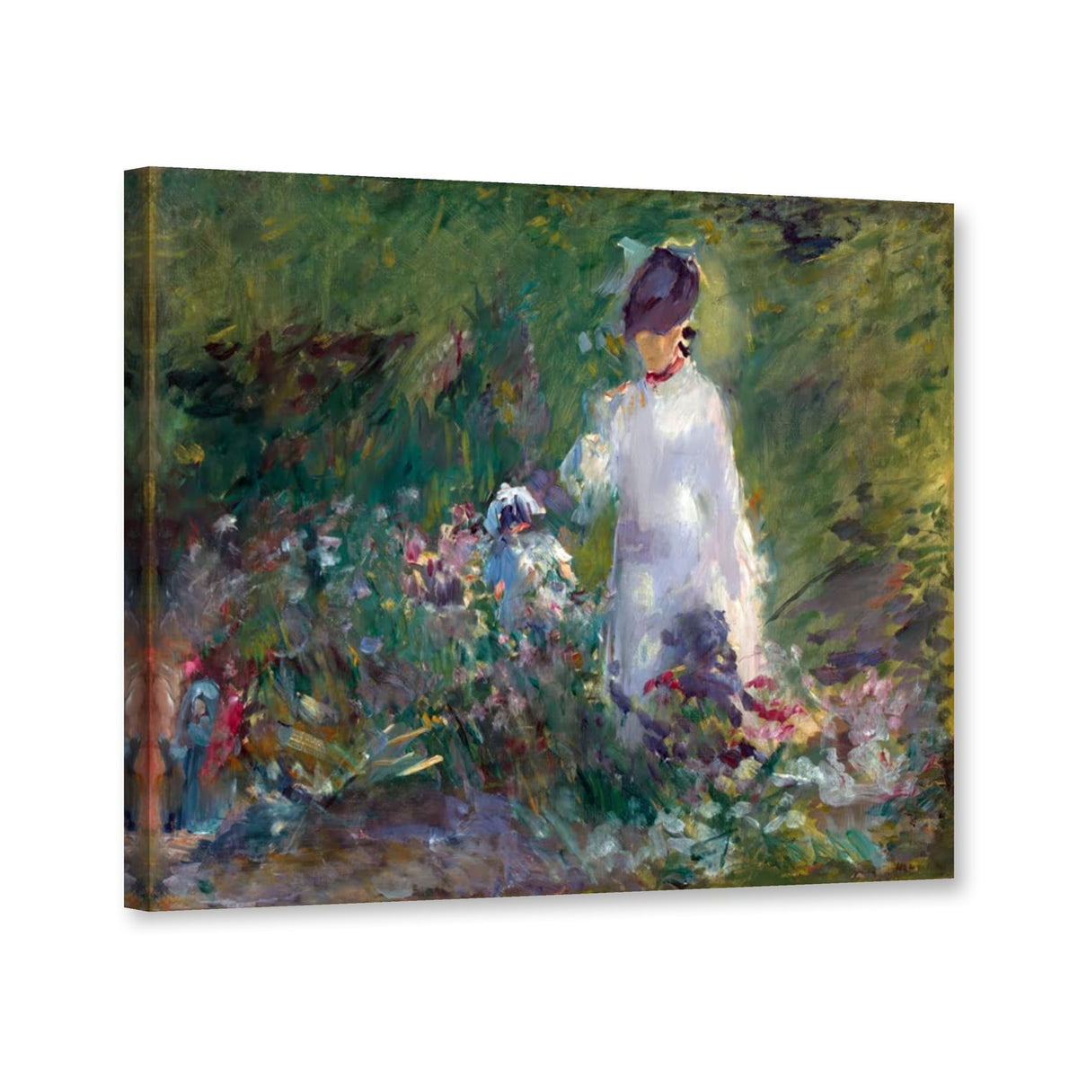 Junge Frau zwischen Blumen von Édouard Manet als Leinwand – Perspektivansicht
