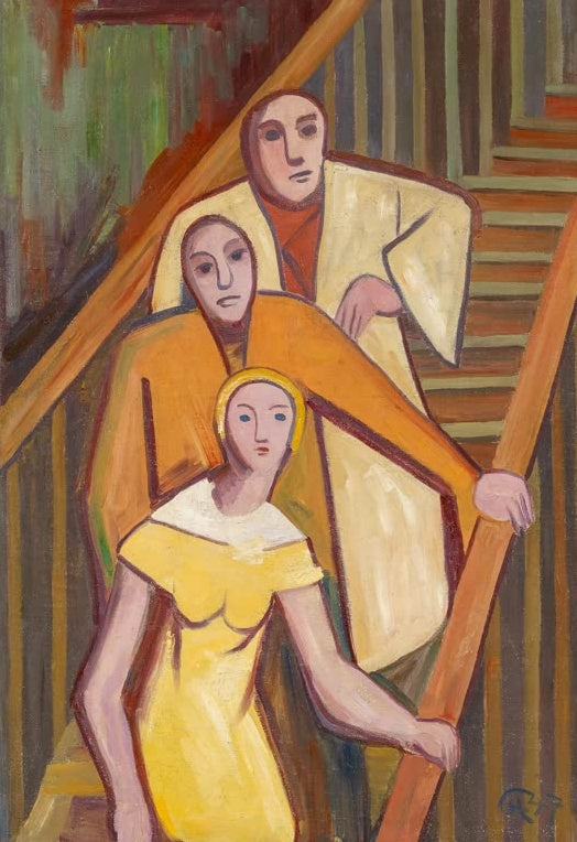 Drei Figuren auf einer Treppe, vorn eine Frau im gelben Kleid – Karl Hofer Auf der Treppe Kunstkopie