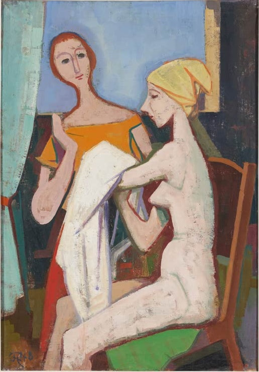 Zwei Frauen im Zimmer, eine sitzt nackt mit gelbem Kopftuch und weißem Tuch – Karl Hofer Bei der Toilette Kunstkopie