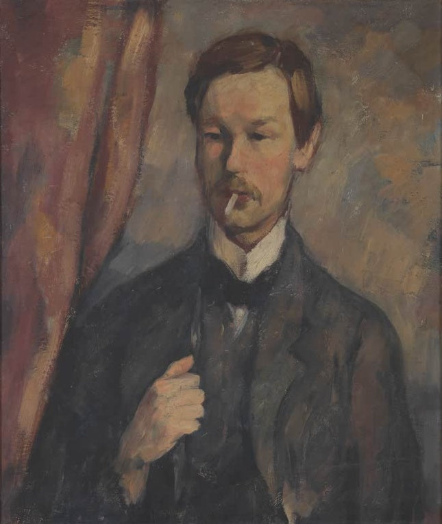Junger Mann mit Zigarette im dunklen Anzug vor rotem Vorhang – Karl Hofer Bildnis Bernhard Groethuysen Kunstkopie