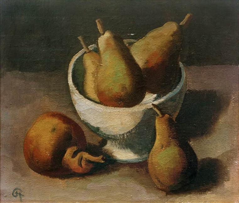 Birnen in weißer Schale und eine Frucht mit Stiel vor dunklem Hintergrund – Karl Hofer Birnenstilleben Kunstkopie
