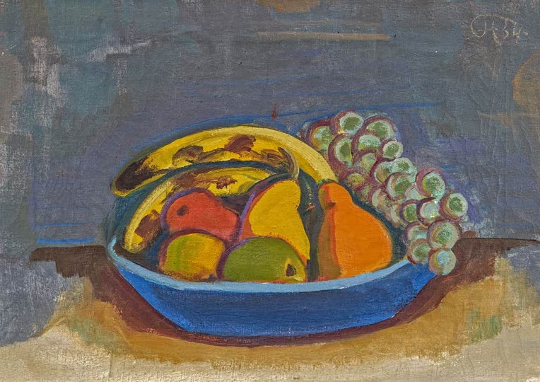 Blaue Schale mit Bananen, Birnen, Äpfeln und Trauben auf grauem Grund – Karl Hofer Blaue Schale mit Früchten Kunstkopie