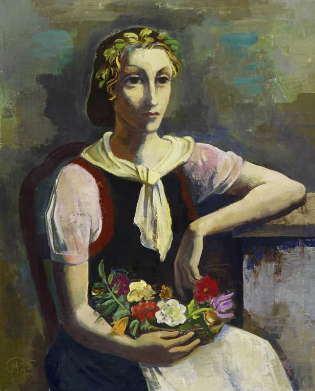 Junge Frau mit Blattkranz und Blumen im Schoß, den Arm aufgestützt – Karl Hofer Blumenmädchen Kunstkopie