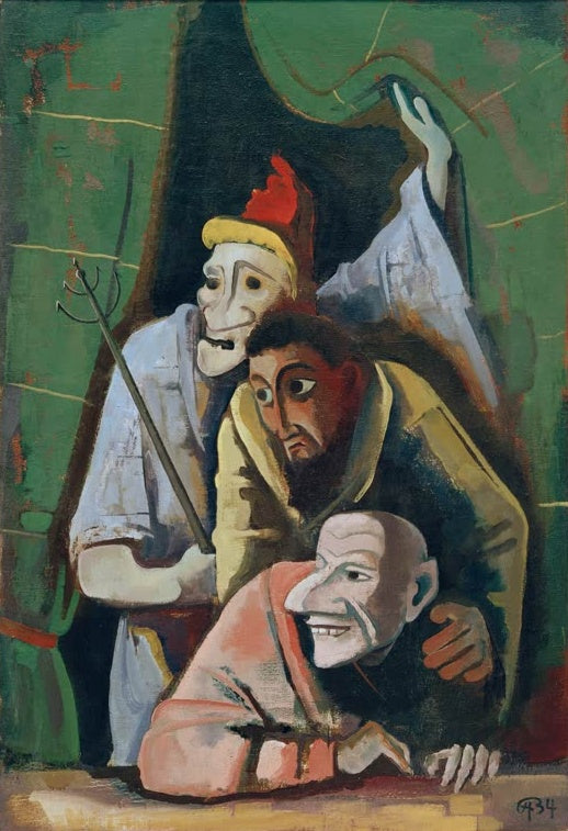 Drei maskierte Gestalten vor grünem Vorhang, eine mit Dreizack und roter Mütze – Karl Hofer Böse Masken Kunstkopie
