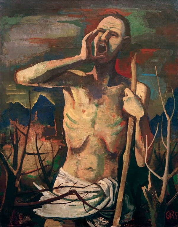 Hagerer Mann mit nacktem Oberkörper ruft mit den Händen am Mund, kahle Bäume – Karl Hofer Der Rufer Kunstkopie