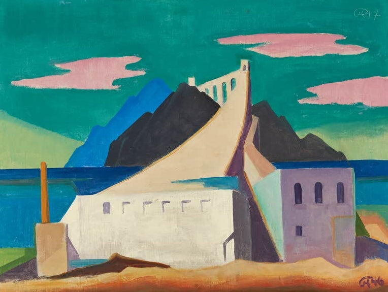 Weißer Bau mit Bogenrampe an einem Meer, grüner Himmel mit rosa Wolken – Karl Hofer Die Brücke (2) Kunstkopie