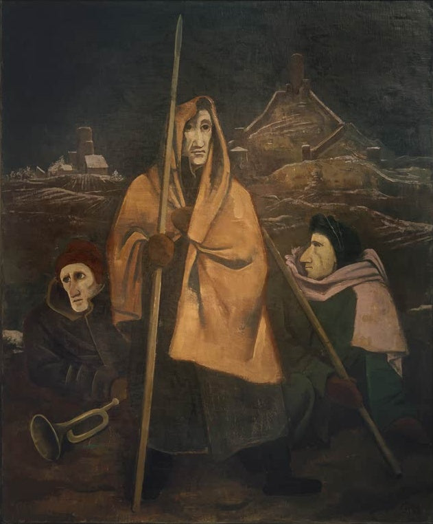 Drei vermummte Gestalten mit Lanzen und Horn in nächtlicher Winterlandschaft – Karl Hofer Die Wächter Kunstkopie