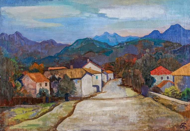 Tessiner Dorfstraße mit hellen Häusern vor blauen Bergen im Abendlicht – Karl Hofer Dorfstraße im Tessin Kunstkopie