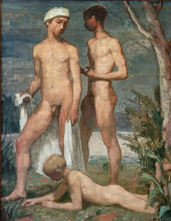 Drei nackte Jünglinge am Ufer, einer mit weißem Tuch, einer liegt im Gras – Karl Hofer Drei badende Jünglinge Kunstkopie