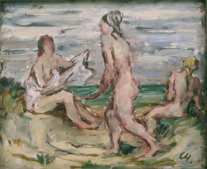 Drei nackte Frauen in den Dünen am Meer unter grauem, bewegtem Himmel – Karl Hofer Drei Frauenakte am Strand Kunstkopie