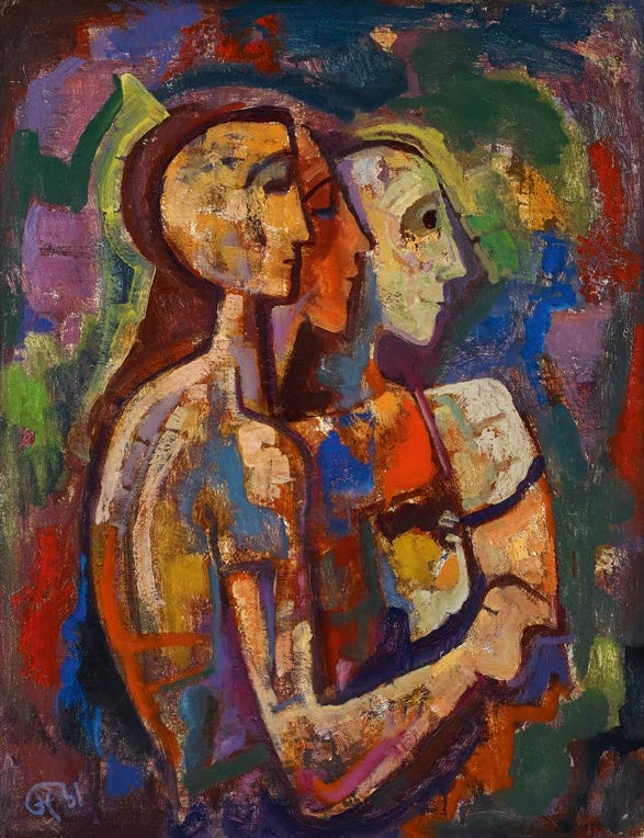 Drei Jünglinge im Profil dicht beieinander in leuchtendem Rot, Gelb und Blau – Karl Hofer Drei Jünglinge Kunstkopie