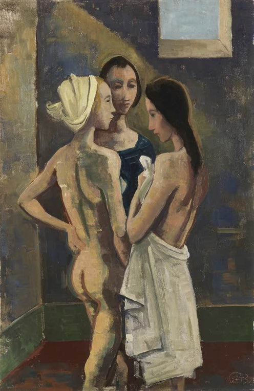 Drei junge Frauen in einem Raum, zwei nackt mit Tuch, eine mit blauem Kleid – Karl Hofer Drei Mädchen Kunstkopie