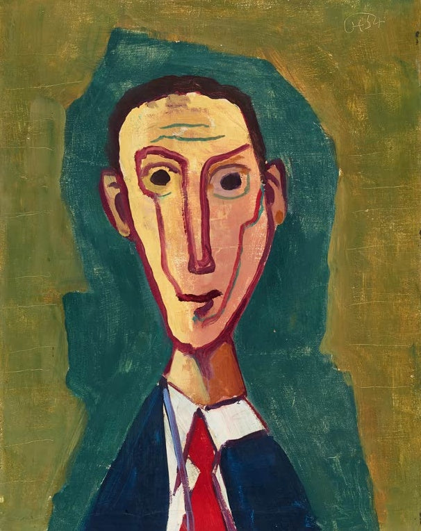 Männerkopf mit großen Augen und roter Krawatte vor grünem Grund – Karl Hofer Männerbildnis mit roter Krawatte Kunstkopie