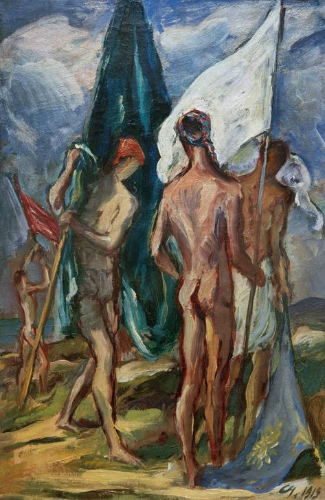 Drei nackte Männer mit weißer Fahne und rotem Wimpel vor aufziehendem Himmel – Karl Hofer Fahnenträger Kunstkopie