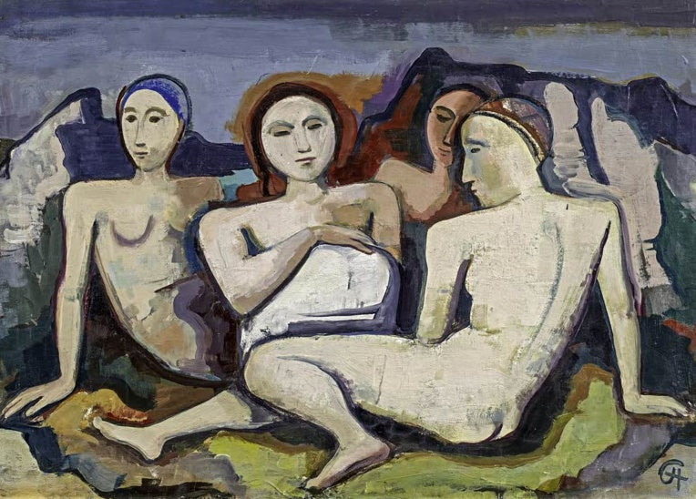 Vier sitzende Frauen mit hellen Körpern vor blauvioletten Felsen – Karl Hofer Figürliche Komposition Kunstkopie