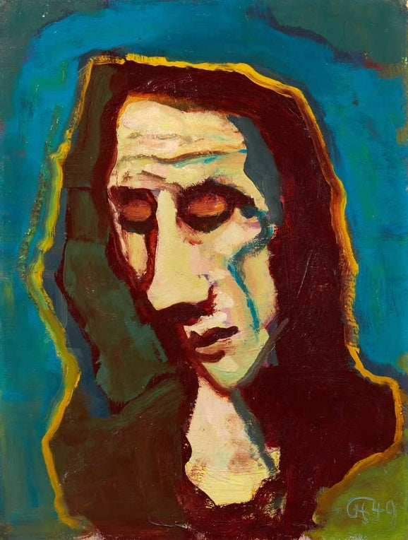 Frauenkopf mit gesenktem Blick vor türkisblauem Grund – Karl Hofer Frauenkopf mit gesenktem Blick Kunstkopie