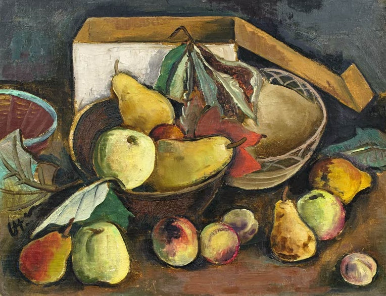 Birnen, Äpfel und Pfirsiche in Schalen vor einem geöffneten Karton – Karl Hofer Früchtestilleben Kunstkopie