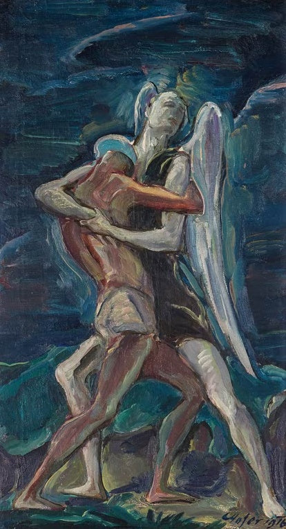 Nächtliche Szene, ein geflügelter Engel umfasst einen nackten Mann – Karl Hofer Jakob ringt mit dem Engel Kunstkopie
