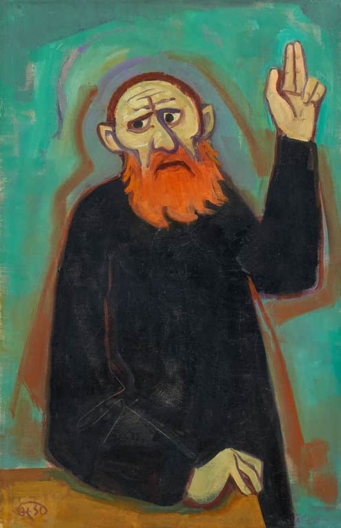 Rotbärtiger Mann in schwarzem Gewand hebt die Hand vor türkisgrünem Grund – Karl Hofer Judas Kunstkopie